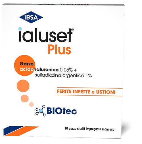 ibsa farmaceutici garza ialuset plus impregnata di crema di acido ialuronico 005 di sulfadiazina argentica 1 macrogol glicerolo e acqua 10 x 10 cm 10 pezzi ialuset ean 8033638956960