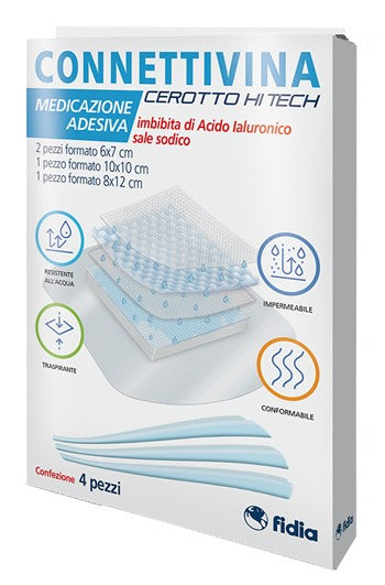 fidia farmaceutici cerotto connettivina hitech 4 misure miste 2 pezzi 6 x 7 cm 1 pezzo 10 x 10 cm 1 pezzo 8 x 12 cm connettivina ean 8033661804405