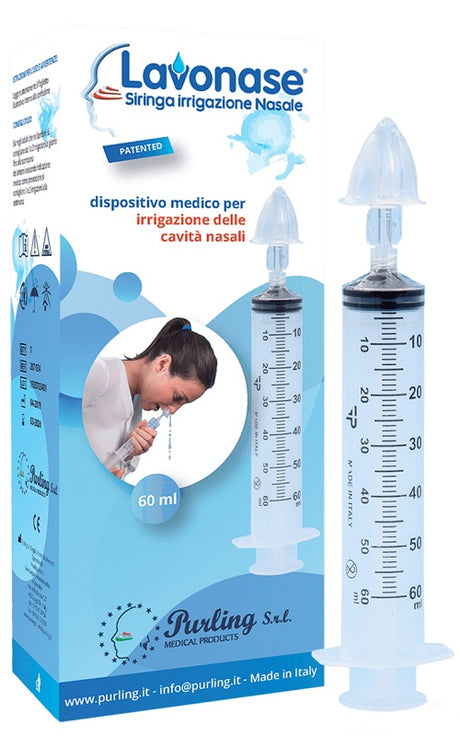 purling international lavonase irrigazione nasale non sterile siringa 60 ml luer lock con cappuccio ugello nasale con raccordo luer lock perforatore con valvola non ritorno con tappo lavonase ean 8054609194266